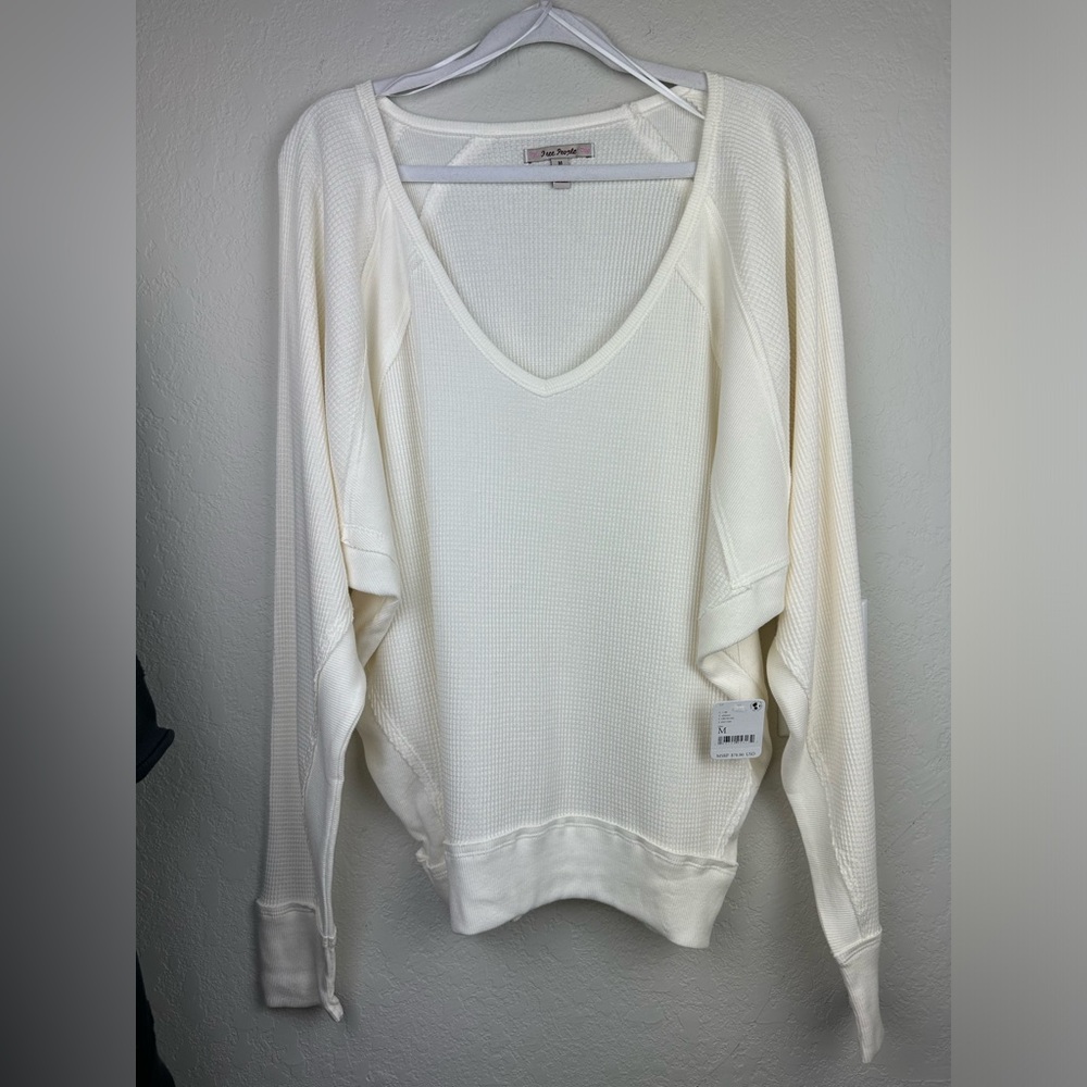FREE PEOPLE Santa Clara womens medium Alabaster waffle knit V-neck long sleeve - Picture 3 of 10